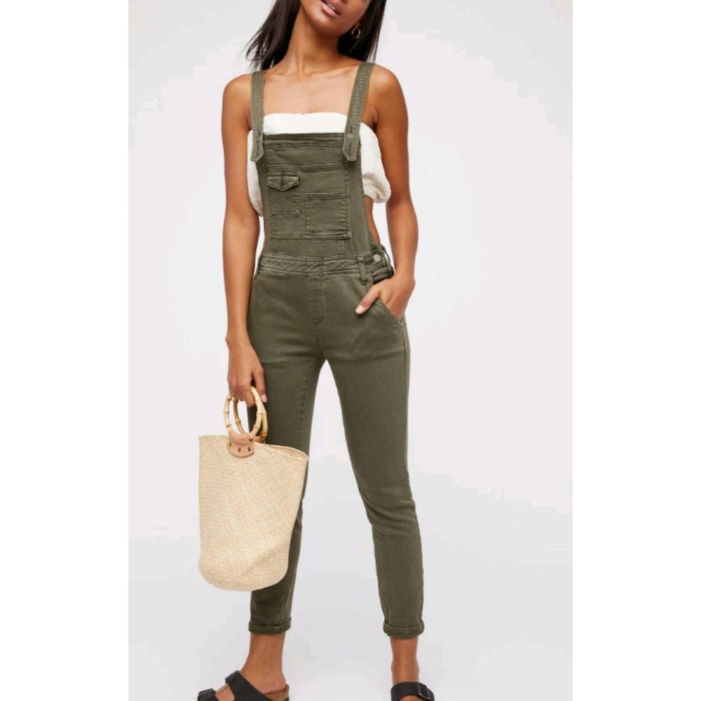 Free People Olive Green Denim Overalls Slim Fit Size 27